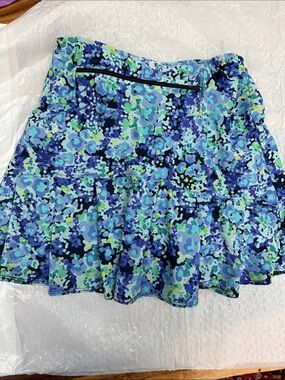 Blue Floral Circle Skater Skirt with Ruffle Hem